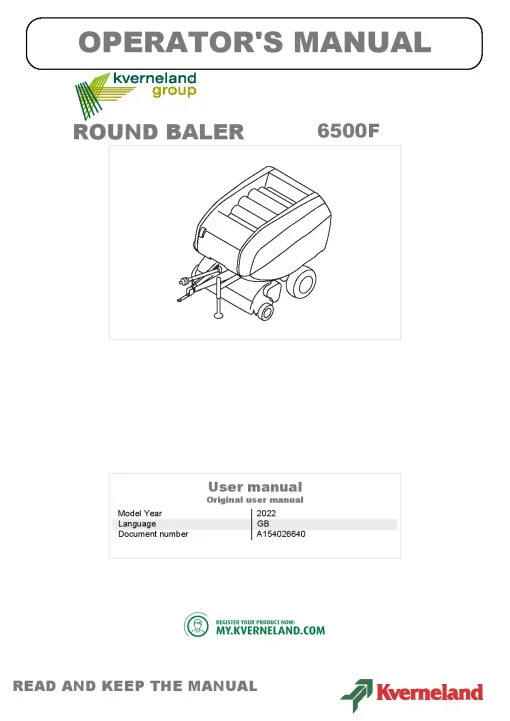 Kverneland 6500F Balers Round -Fixed chamber 2022 Operation Maintenance Manual PDF download