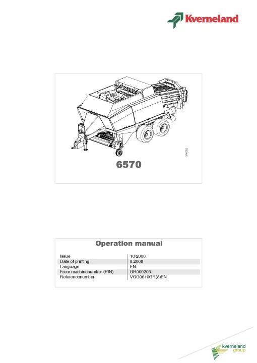 Kverneland 6570 Balers Big Square 2006 Operation Maintenance Manual PDF download