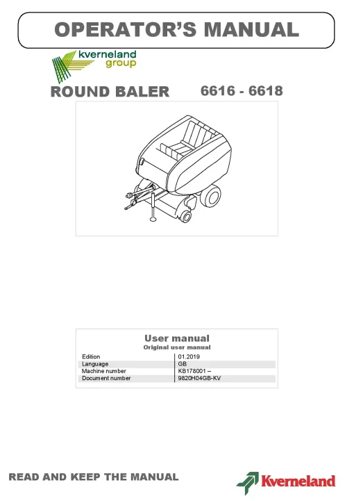 Kverneland 6616 6618 Balers Round 2019 GB Operation Maintenance Manual PDF download