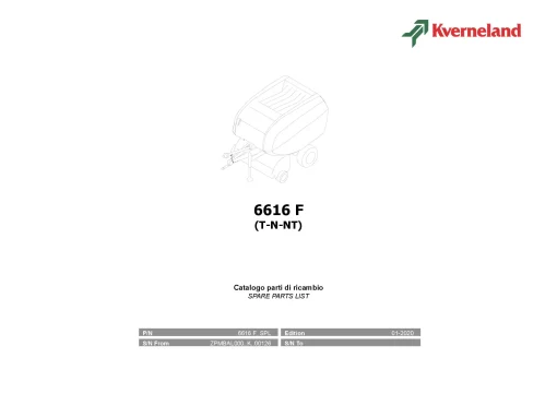 Kverneland 6616F Balers Round 2020 Parts Manual Catalog Pdf Download