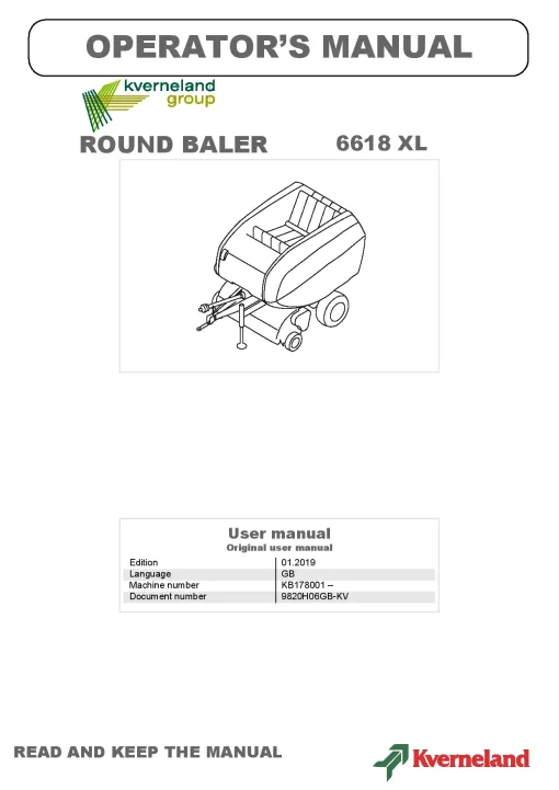 Kverneland 6618 XL Round Baler 2020 Operation Maintenance Manual PDF download