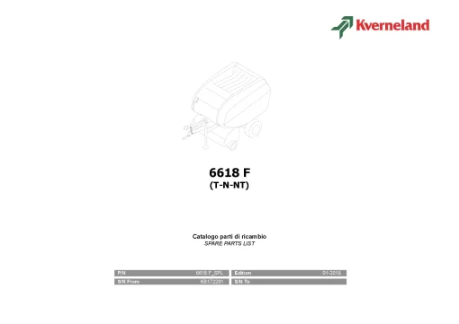 Kverneland 6618F (T-N-NT) Balers Round 2018 Parts Manual Catalog Pdf Download