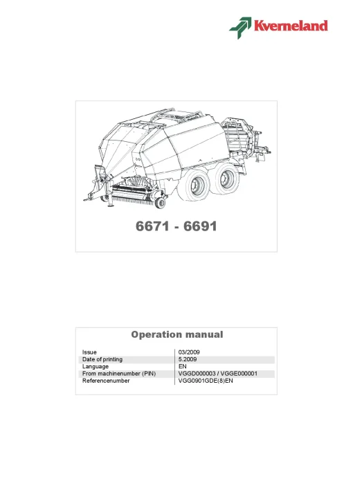 Kverneland 6671 6691 Balers Big Square 2009 Operation Maintenance Manual PDF download
