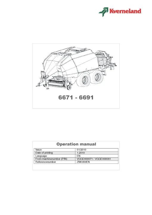 Kverneland 6671 6691 Balers Big Square 2010 Operation Maintenance Manual PDF download