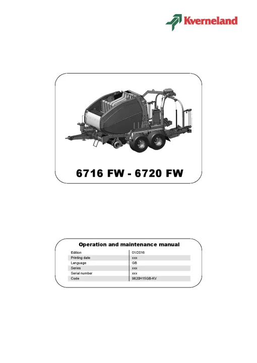 Kverneland 6716-6720 Flexiwrap Round Baler 2016 Operation Maintenance Manual PDF download