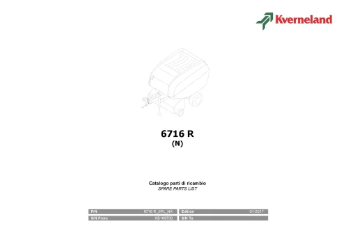 Kverneland 6716R (N) Round Balers 2017 Parts Manual Catalog Pdf Download