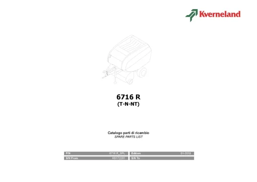 Kverneland 6716R (T-N-NT) Round Balers 2018 Parts Manual Catalog Pdf Download
