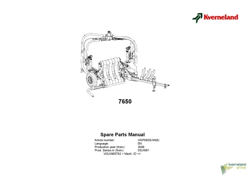 Kverneland 7650 Round Bale wrappers 2008 03UW01 Parts Manual Catalog Pdf Download