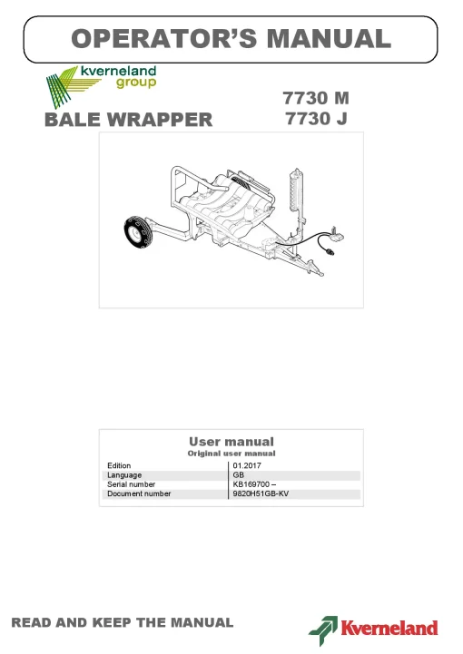 Kverneland 7730 M-J Bale Wrapper 2017 GB Operation Maintenance Manual PDF download