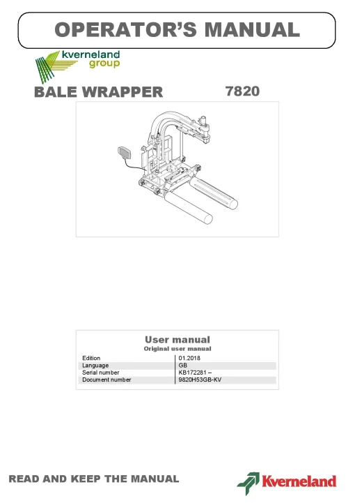Kverneland 7820 Round Bale wrappers 2018 Operation Maintenance Manual PDF download