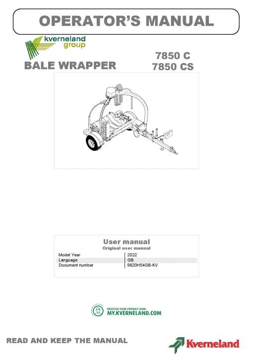 Kverneland 7850 C-CS Round Bale wrappers 2022 Operation Maintenance Manual PDF download
