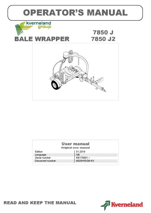 Kverneland 7850 J- J2 Round Bale wrappers 2019 Operation Maintenance Manual PDF download
