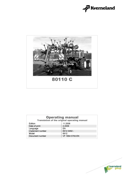 Kverneland 80110C Tedders 2008 Operation Maintenance Manual PDF download