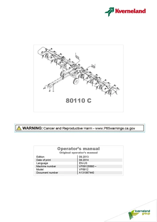 Kverneland 80110C Tedders 2013 North America Operation Maintenance Manual PDF download
