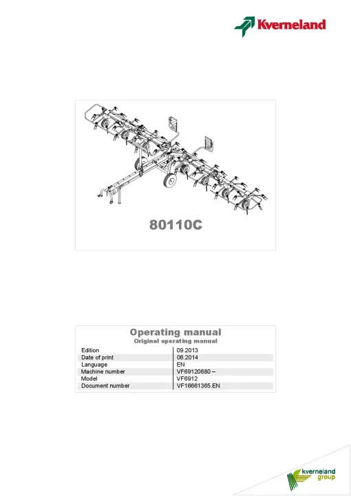 Kverneland 80110C Tedders 2013 Operation Maintenance Manual PDF download