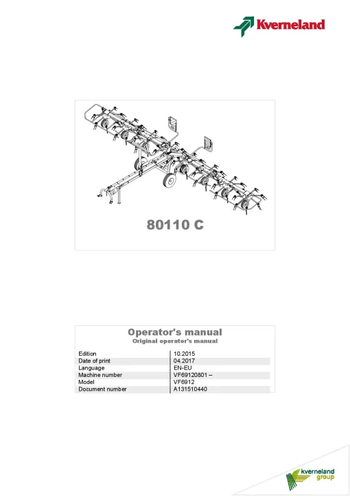 Kverneland 80110C Tedders 2015 Operation Maintenance Manual PDF download
