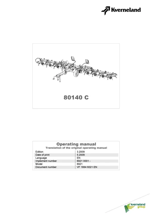 Kverneland 80140C Tedders 2009 Operation Maintenance Manual PDF download