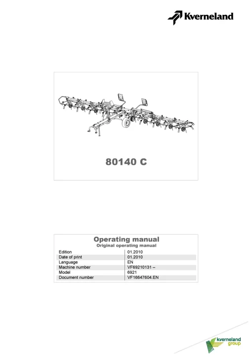Kverneland 80140C Tedders 2010 Operation Maintenance Manual PDF download