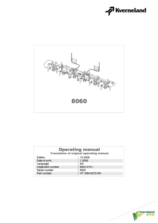 Kverneland 8060 Tedders 2008 Operation Maintenance Manual PDF download