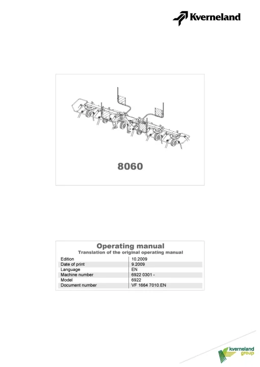 Kverneland 8060 Tedders 2009 Operation Maintenance Manual PDF download
