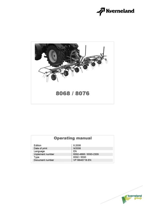 Kverneland 8068 8076 Tedders 2008 Operation Maintenance Manual PDF download