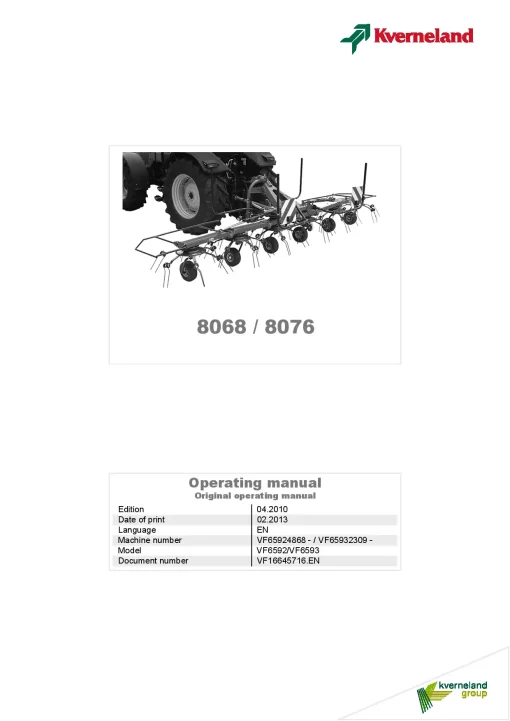 Kverneland 8068 8076 Tedders 2010 Operation Maintenance Manual PDF download