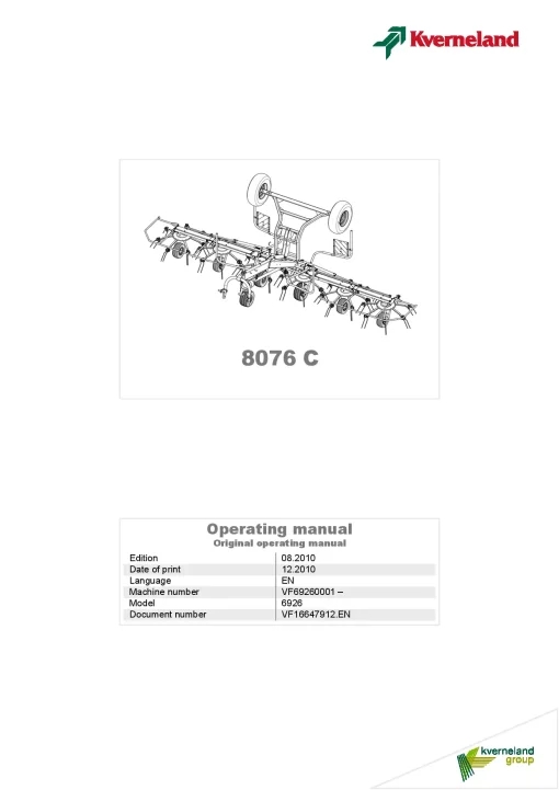 Kverneland 8076C Tedders 2010 Operation Maintenance Manual PDF download