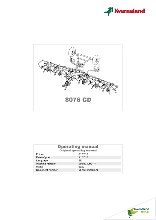 Kverneland 8076CD Tedders 2010 Operation Maintenance Manual PDF download