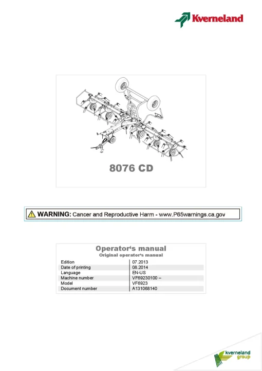 Kverneland 8076CD Tedders 2013 North America Operation Maintenance Manual PDF download