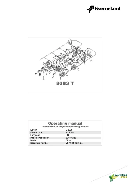 Kverneland 8083T Tedders 2008 Operation Maintenance Manual PDF download