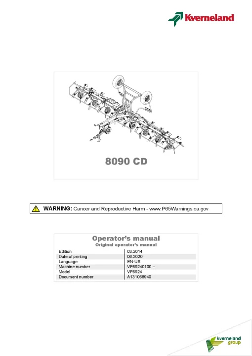 Kverneland 8090CD Tedders 2014 North America Operation Maintenance Manual PDF download