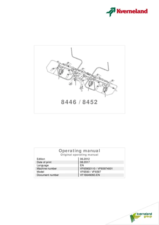Kverneland 8446 8452 Tedders 2017 Operation Maintenance Manual PDF download