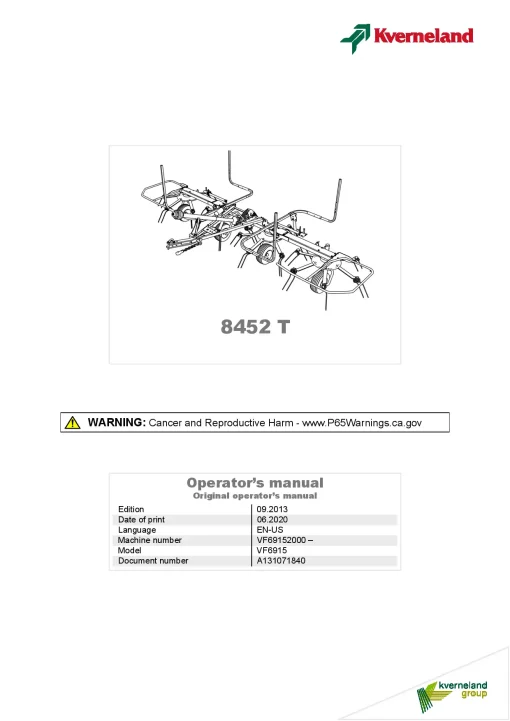 Kverneland 8452T Tedders 2013 North America Operation Maintenance Manual PDF download
