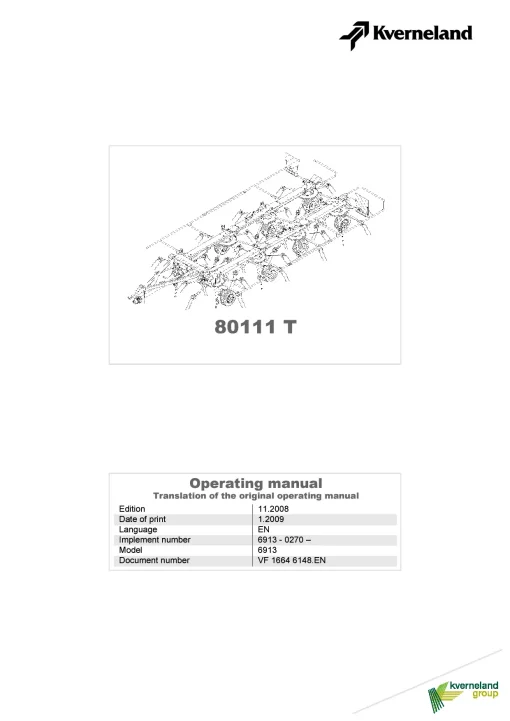 Kverneland 85111T Tedders 2008 Operation Maintenance Manual PDF download