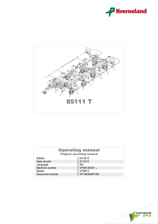 Kverneland 85111T Tedders 2012 Operation Maintenance Manual PDF download