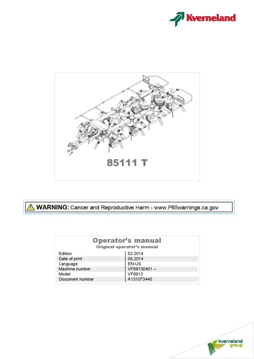 Kverneland 85111T Tedders 2014 North America Operation Maintenance Manual PDF download