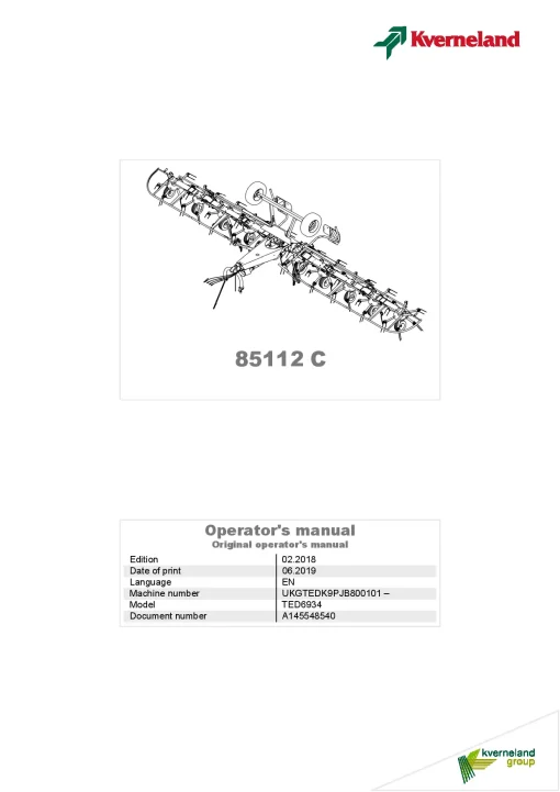 Kverneland 85112C Tedders 2019 Operation Maintenance Manual PDF download