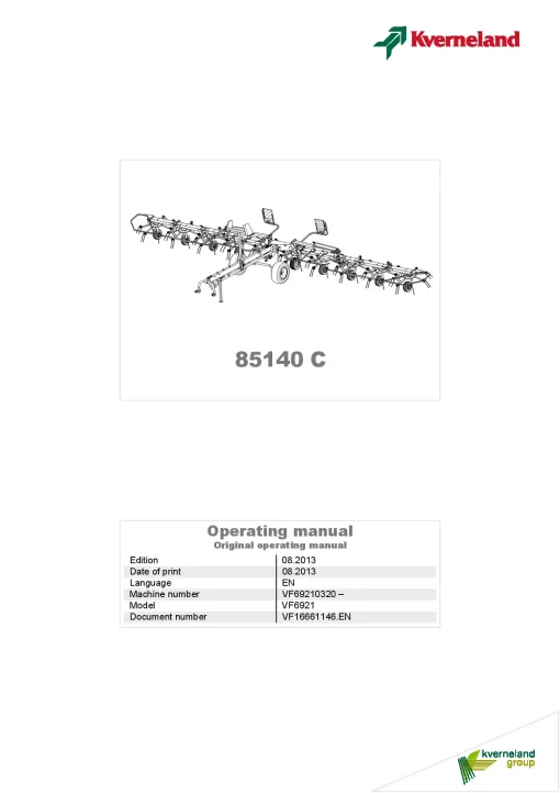 Kverneland 85140C Tedders 2013 Operation Maintenance Manual PDF download