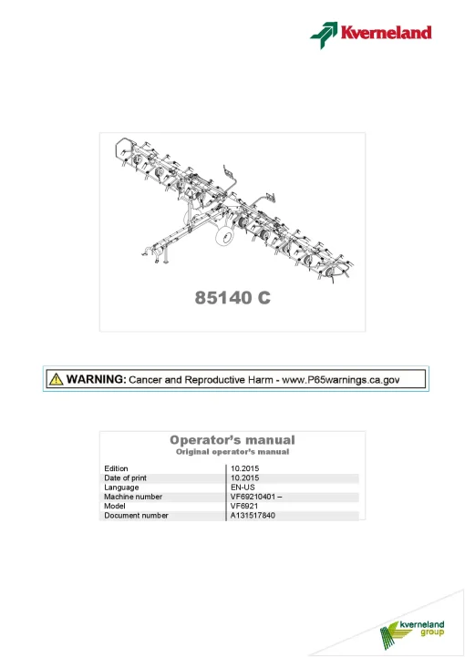 Kverneland 85140C Tedders 2015 North America Operation Maintenance Manual PDF download