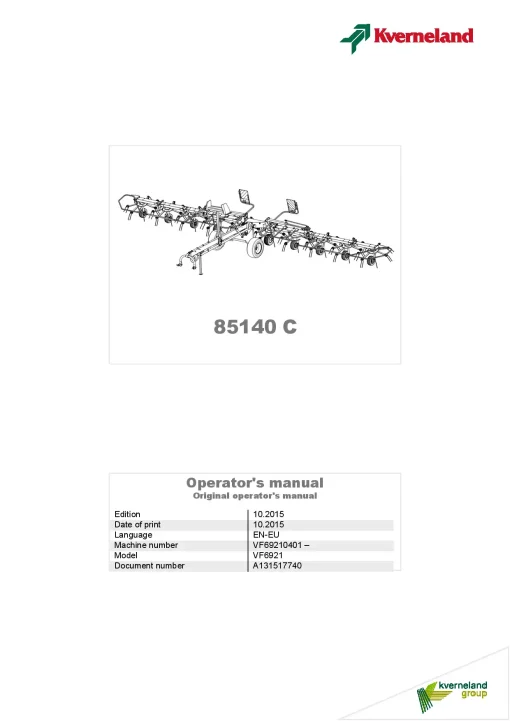 Kverneland 85140C Tedders 2015 Operation Maintenance Manual PDF download