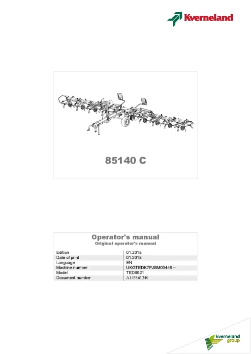 Kverneland 85140C Tedders 2018 Operation Maintenance Manual PDF download