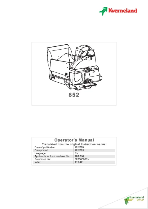 Kverneland 852 Bale Choppers 2009 Operation Maintenance Manual PDF download