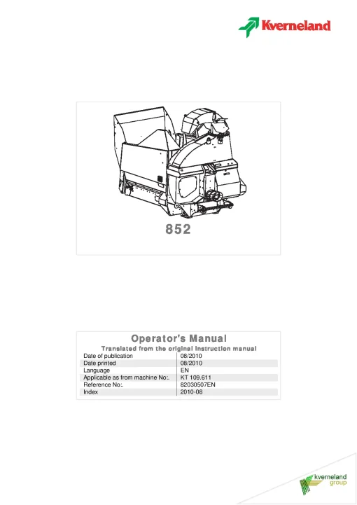 Kverneland 852 Bale Choppers 2010 Operation Maintenance Manual PDF download