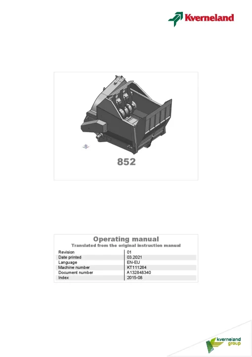 Kverneland 852 Bale Choppers 2021 Operation Maintenance Manual PDF download