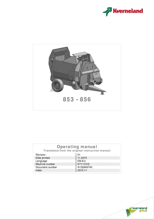 Kverneland 853 856 Bale choppers 2015 Operation Maintenance Manual PDF download
