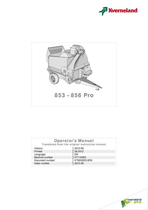 Kverneland 853 -856 Pro Bale choppers 2012 Operation Maintenance Manual PDF download