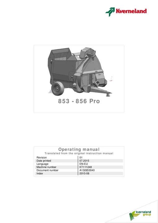 Kverneland 853-856 Pro Bale choppers 2015 Operation Maintenance Manual PDF download