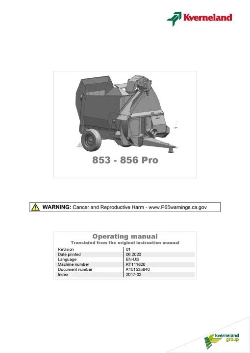 Kverneland 853 -856 Pro Bale choppers 2020 Operation Maintenance Manual PDF download