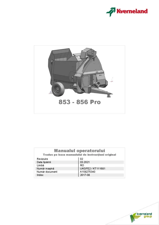Kverneland 853 -856 Pro Bale choppers 2021 Operation Maintenance Manual PDF download
