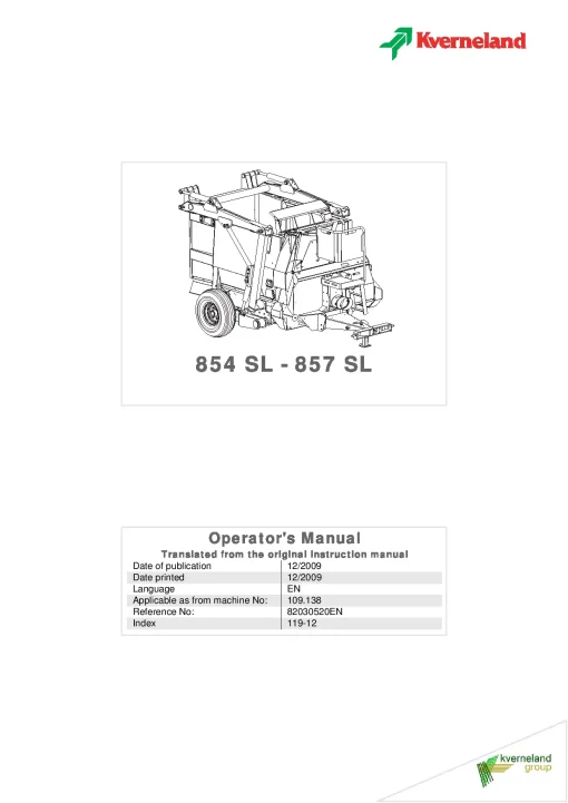 Kverneland 854SL 857SL Bale Choppers 2009 Parts Manual Catalog Pdf Download